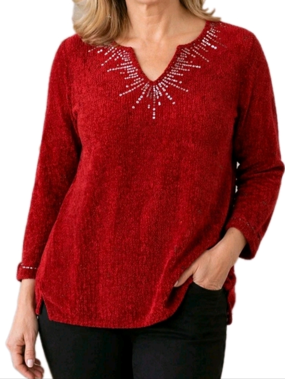 Quacker Factory Embellished Sweater Womens‎ Plus Size 1X Red Chenille NEW NWT